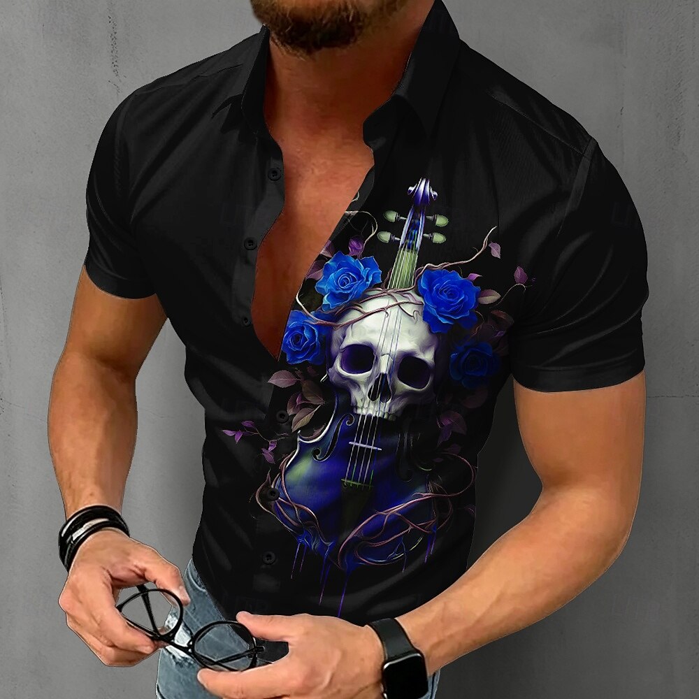 メンズゴシックスカルシャツ半袖バイオリンローズグラフィックト - Summer Rose Clothing のレビューと価格