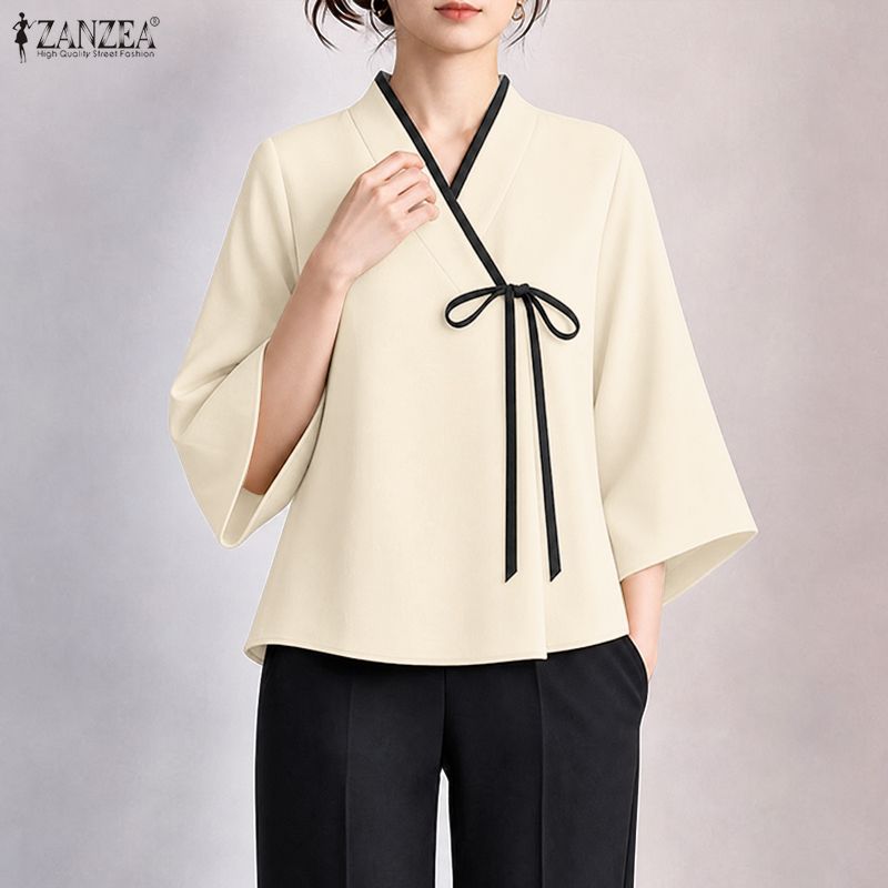 ZANZEA レディース 中国風 Vネック ラップブラウス  - Tie Front Shirt のレビューと価格
