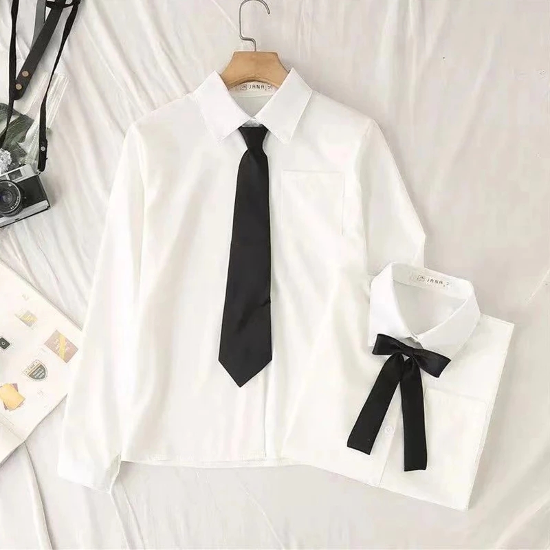 女性と女の子のための白い長袖Tシャツ,プレッピースタイル,日 - Tie Front Shirt のレビューと価格