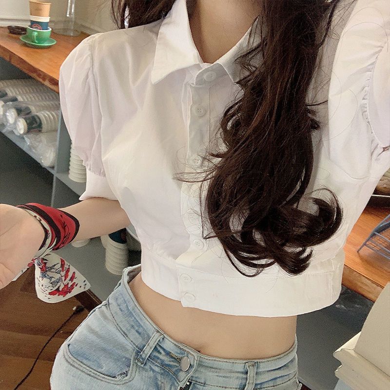 韓国夏パフスリーブ白シャツクロップド女性エレガントな若者の襟 - Summer Clothing For Teens のレビューと価格