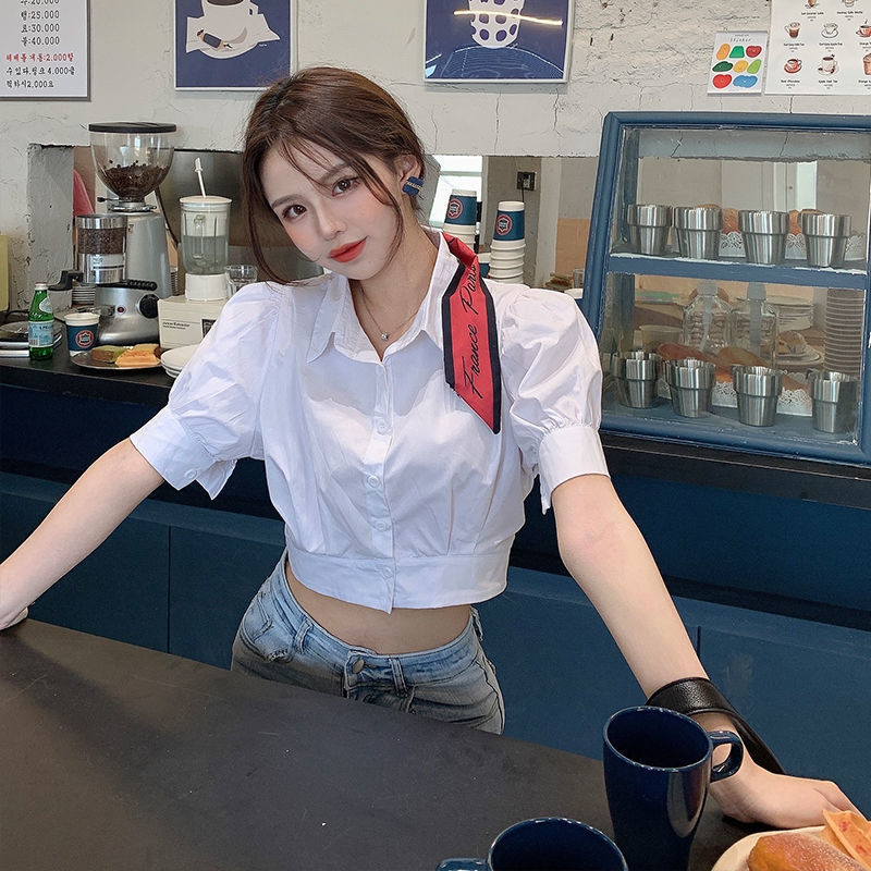 韓国夏パフスリーブ白シャツクロップド女性エレガントな若者の襟 - Summer Clothing For Teens のレビューと価格