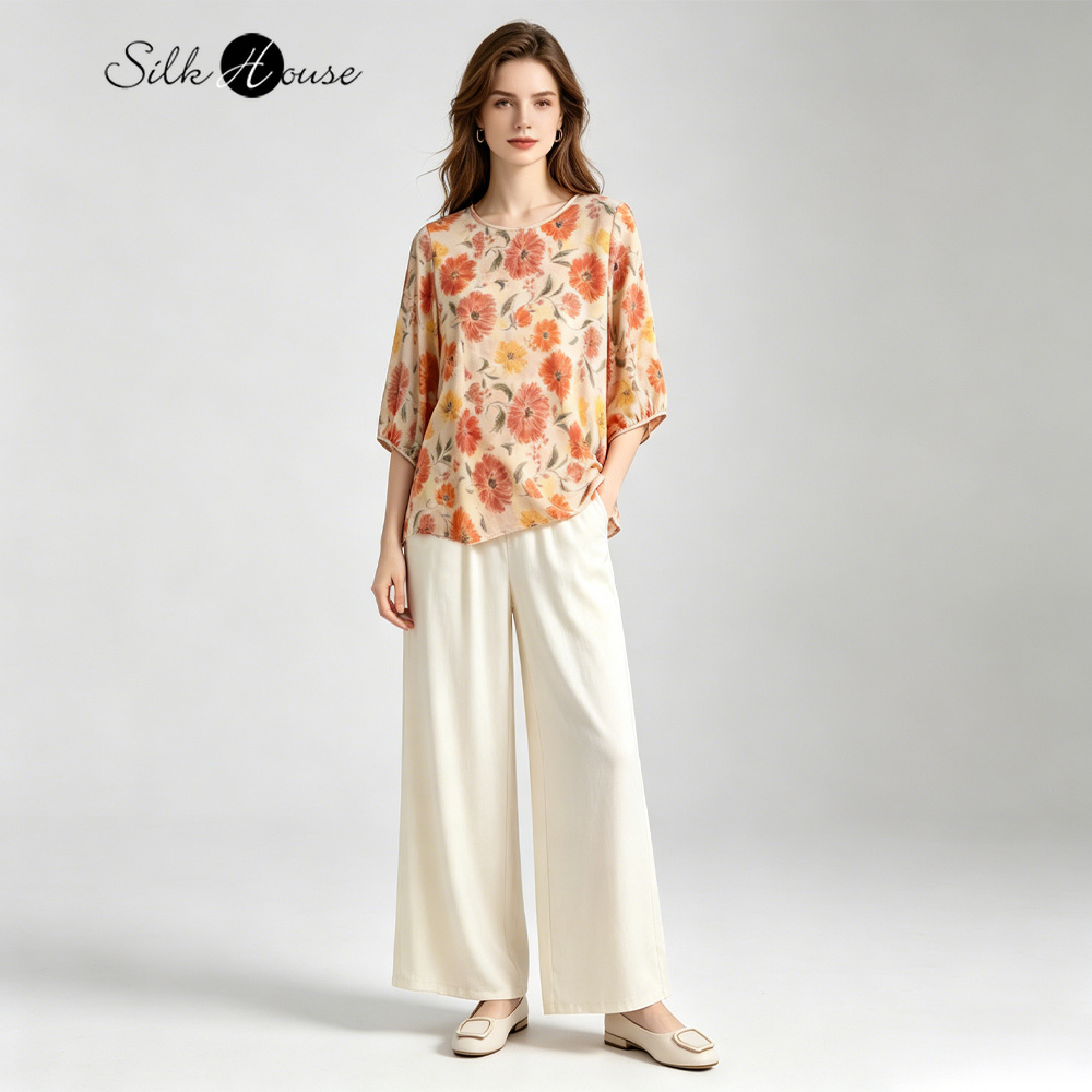 女性のカジュアル夏服 100% 天然桑シルク クレープデシン - Summer De Clothing のレビューと価格