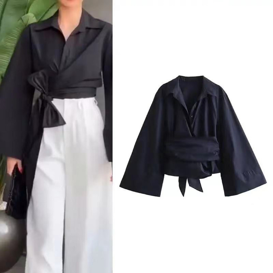 女性用ダブルブレストポプリンシャツ,ポロカラー,蝶ネクタイ, - Tie Front Shirt のレビューと価格