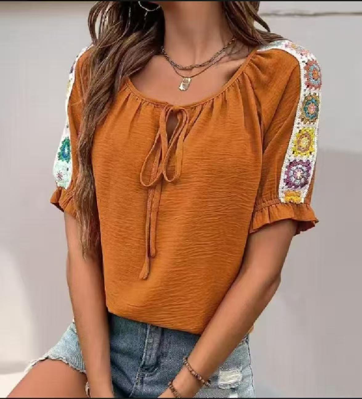 ボヘミアンスタイルの女性用ブラウス、ネック部分にタイ付き、シ - Tie Front Shirt のレビューと価格