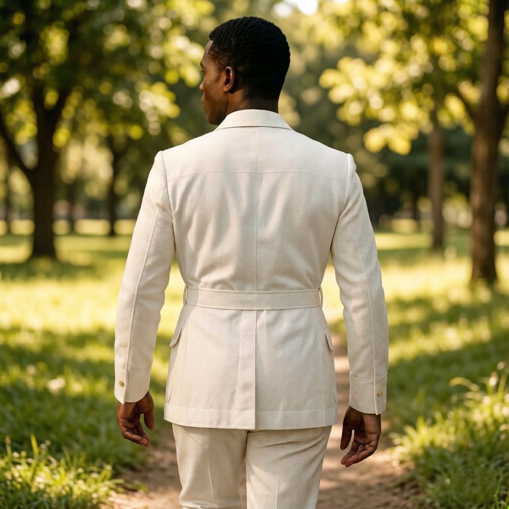 メンズオフホワイトリネンサファリスーツ2ピースノッチドラペル - Summer Clothing Men Linen のレビューと価格