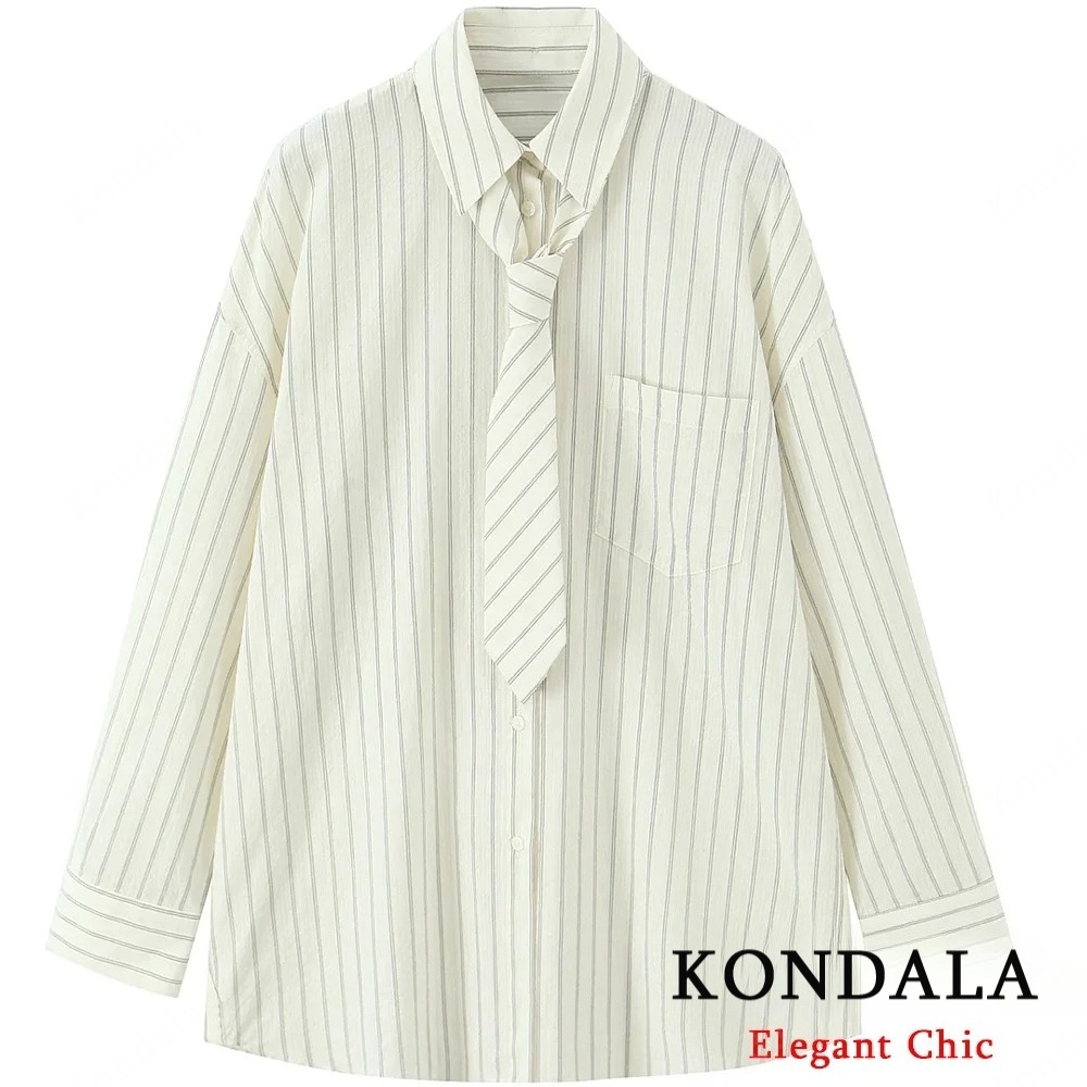 KONDALA レディースカジュアルルーズストライプシャツラ - Tie Front Shirt のレビューと価格