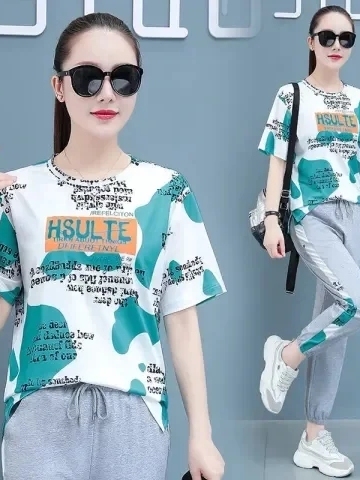 夏の新作薄手半袖ハーランパンツツーピースセットプラスサイズ婦 - Summer Clothing Tagline のレビューと価格